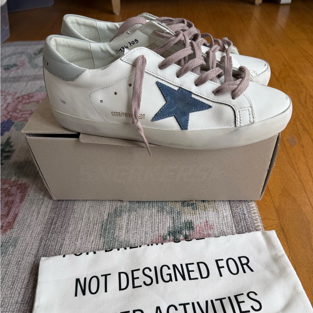 Golden Goose Super-Star Mixed Leather Low-Top Sneakers Sz 40 NIB White Gray Blue